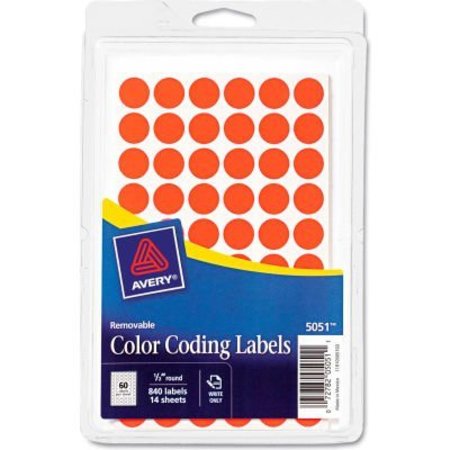 AVERY Avery¬Æ Removable Self-Adhesive Color-Coding Labels, 1/2" Dia, Neon Red, 840/Pack 5051